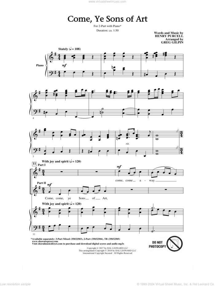 Come, Ye Sons Of Art (arr. Greg Gilpin) sheet music for choir (2-Part) by Henry Purcell and Greg Gilpin, intermediate duet