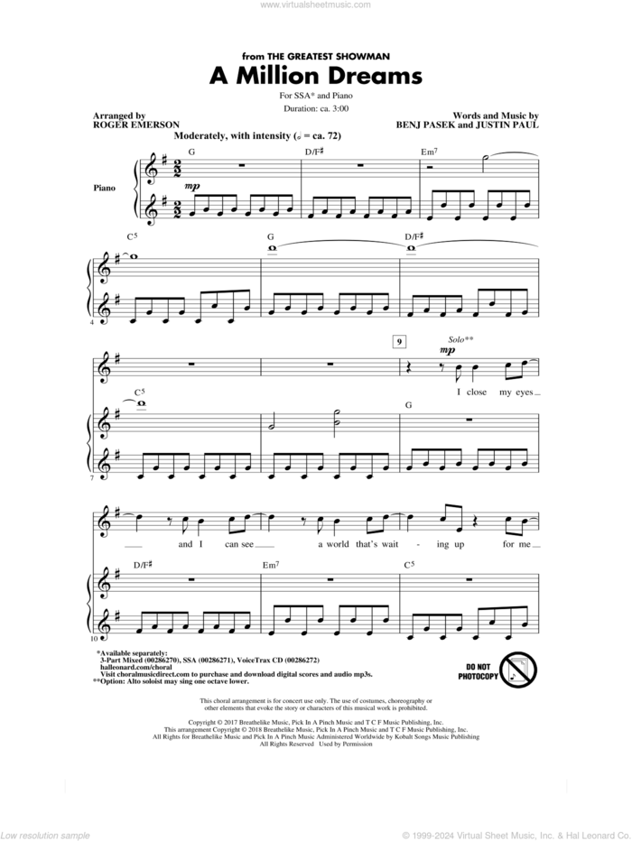 A Million Dreams (from The Greatest Showman) (arr. Roger Emerson) sheet music for choir (SSA: soprano, alto) by Pasek & Paul, Roger Emerson, Benj Pasek and Justin Paul, intermediate skill level