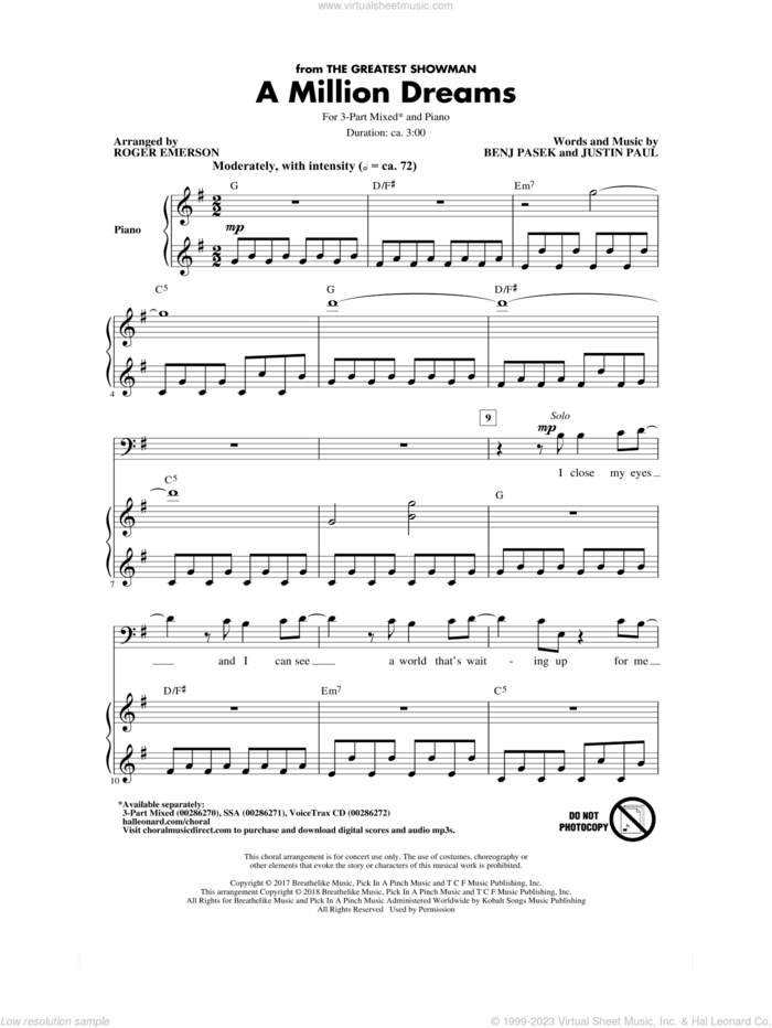 A Million Dreams (from The Greatest Showman) (arr. Roger Emerson) sheet music for choir (3-Part Mixed) by Pasek & Paul, Roger Emerson, Benj Pasek and Justin Paul, intermediate skill level