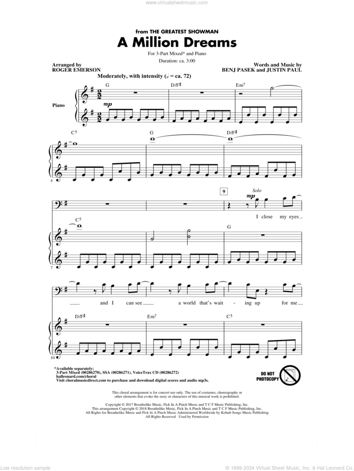 A Million Dreams (from The Greatest Showman) (arr. Roger Emerson) sheet music for choir (3-Part Mixed) by Pasek & Paul, Roger Emerson, Benj Pasek and Justin Paul, intermediate skill level