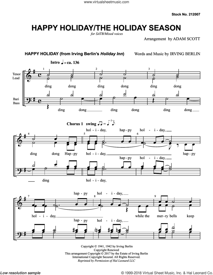 Happy Holiday/The Holiday Season (arr. Adam Scott) sheet music for choir (SATB: soprano, alto, tenor, bass) by Andy Williams, Adam Scott, Kay Thompson and Irving Berlin, intermediate skill level