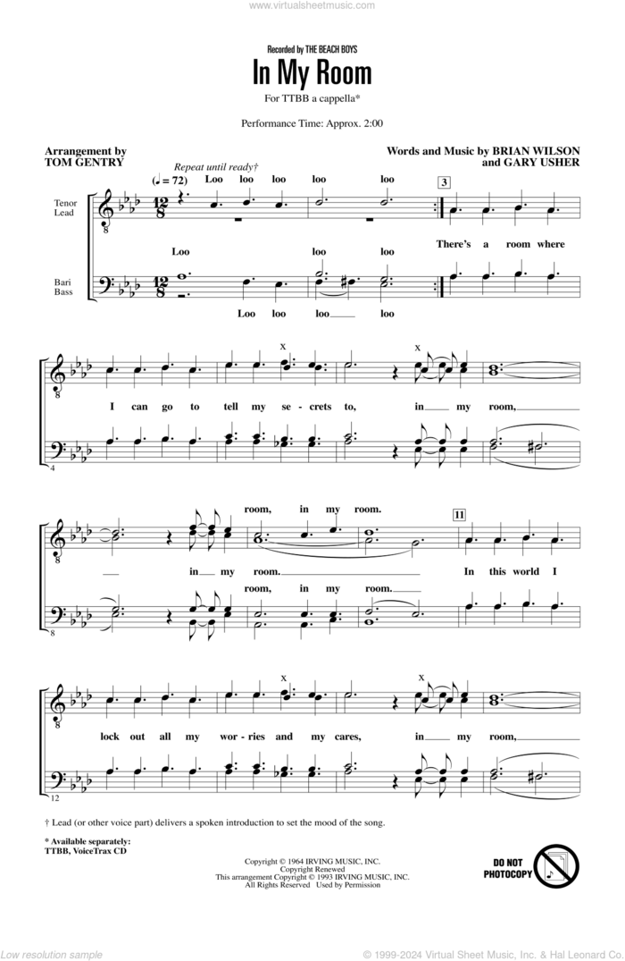 In My Room (arr. Tom Gentry) sheet music for choir (TTBB: tenor, bass) by The Beach Boys, Tom Gentry, Brian Wilson and Gary Usher, intermediate skill level