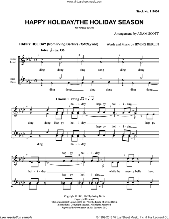 Happy Holiday/The Holiday Season (arr. Adam Scott) sheet music for choir (SSAA: soprano, alto) by Andy Williams, Adam Scott, Irving Berlin and Kay Thompson, intermediate skill level
