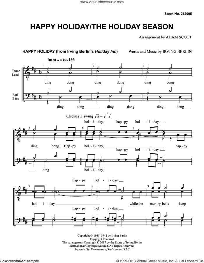 Happy Holiday/The Holiday Season (arr. Adam Scott) sheet music for choir (TTBB: tenor, bass) by Andy Williams, Adam Scott, Kay Thompson and Irving Berlin, intermediate skill level