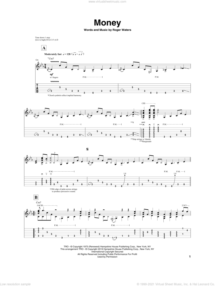 Money sheet music for guitar (tablature) by Igor Presnyakov, Pink Floyd and Roger Waters, intermediate skill level