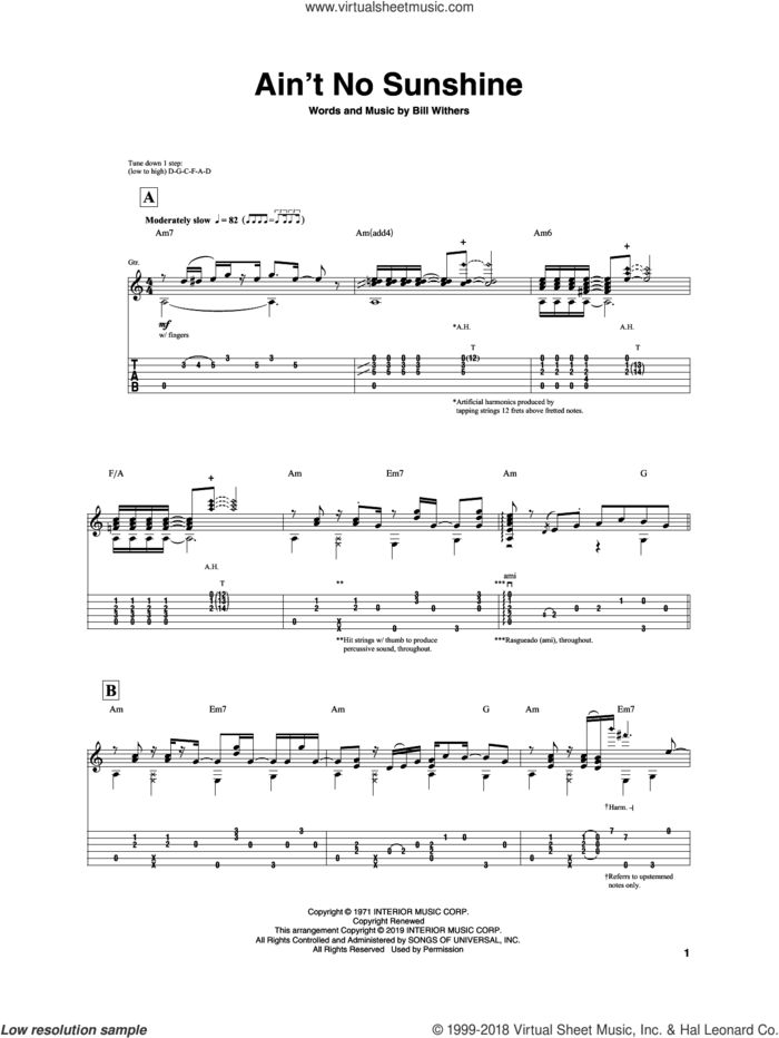 Ain't No Sunshine sheet music for guitar (tablature) by Igor Presnyakov, Kris Allen and Bill Withers, intermediate skill level