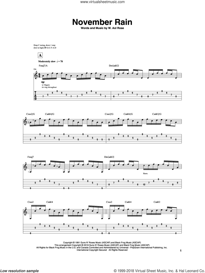 November Rain sheet music for guitar (tablature) by Igor Presnyakov and Axl Rose, intermediate skill level
