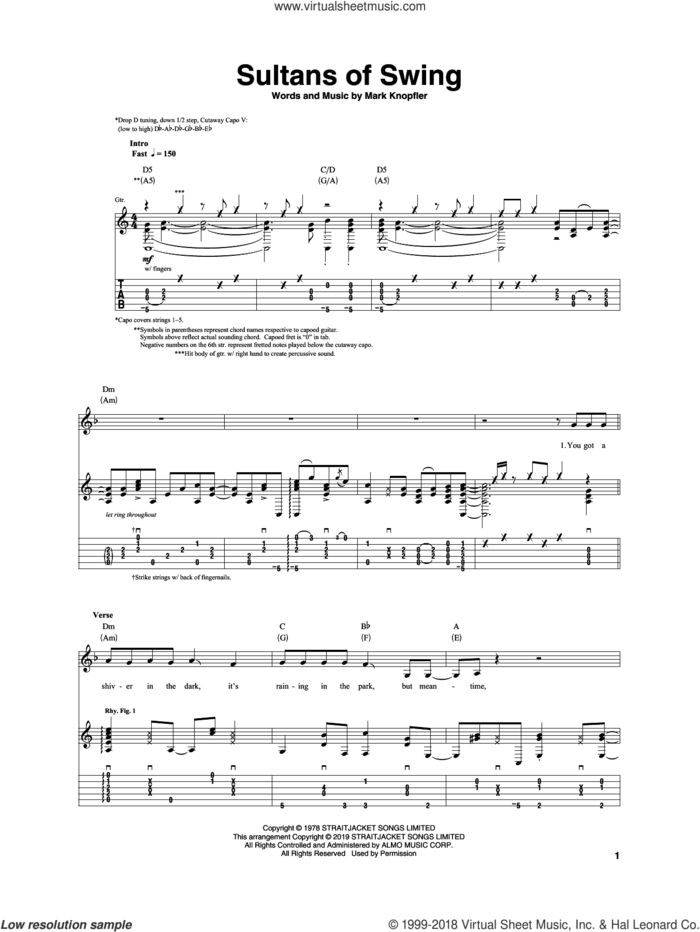Sultans Of Swing sheet music for guitar (tablature) by Igor Presnyakov, Dire Straits and Mark Knopfler, intermediate skill level