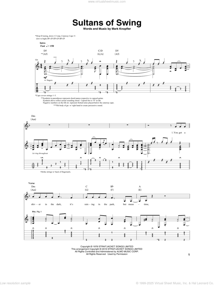 Sultans Of Swing sheet music for guitar (tablature) by Igor Presnyakov, Dire Straits and Mark Knopfler, intermediate skill level