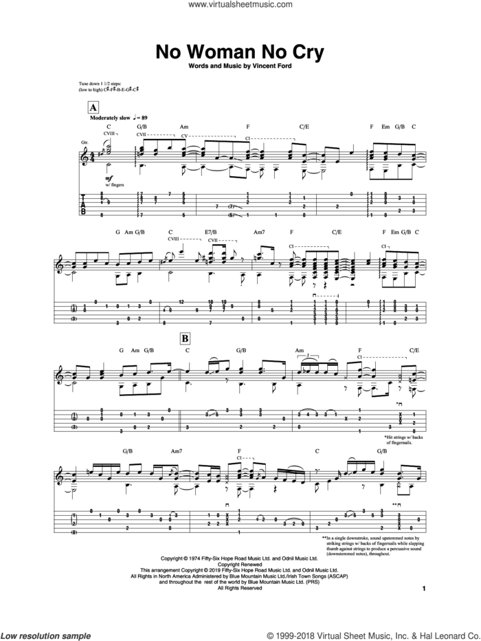 No Woman No Cry sheet music for guitar (tablature) by Igor Presnyakov, Bob Marley and Vincent Ford, intermediate skill level