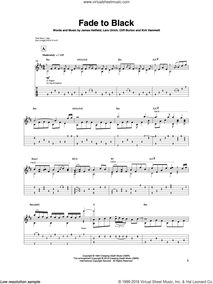 Fade To Black sheet music for guitar (tablature) by Igor Presnyakov, Metallica, Cliff Burton, James Hetfield, Kirk Hammett and Lars Ulrich, intermediate skill level