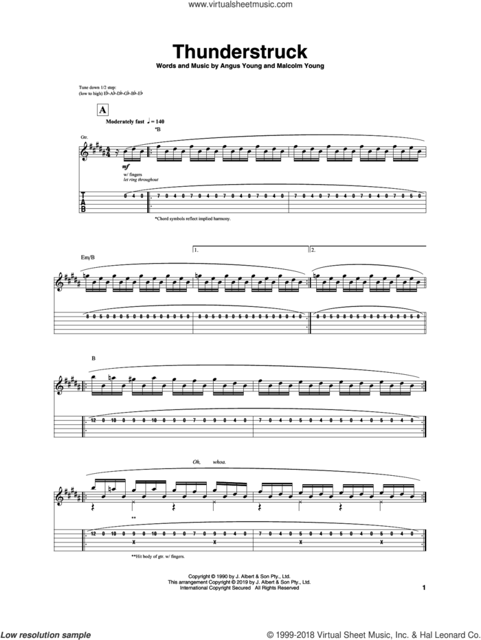 Thunderstruck sheet music for guitar (tablature) by Igor Presnyakov, AC/DC, Angus Young and Malcolm Young, intermediate skill level