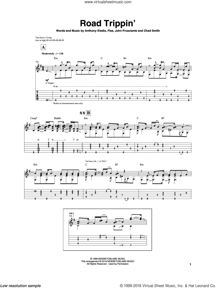 Road Trippin' sheet music for guitar (tablature) by Igor Presnyakov, Red Hot Chili Peppers, Anthony Kiedis, Chad Smith, Flea and John Frusciante, intermediate skill level