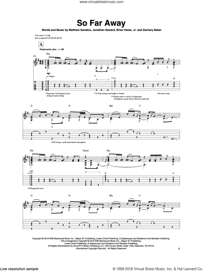 So Far Away sheet music for guitar (tablature) by Igor Presnyakov, Avenged Sevenfold, Brian Haner, Jr., Jonathan Seward, Matthew Sanders and Zachary Baker, intermediate skill level