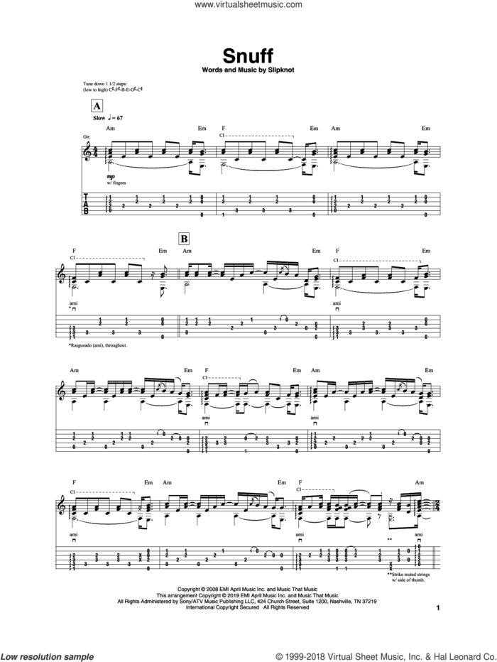 Snuff sheet music for guitar (tablature) by Igor Presnyakov and Slipknot, intermediate skill level