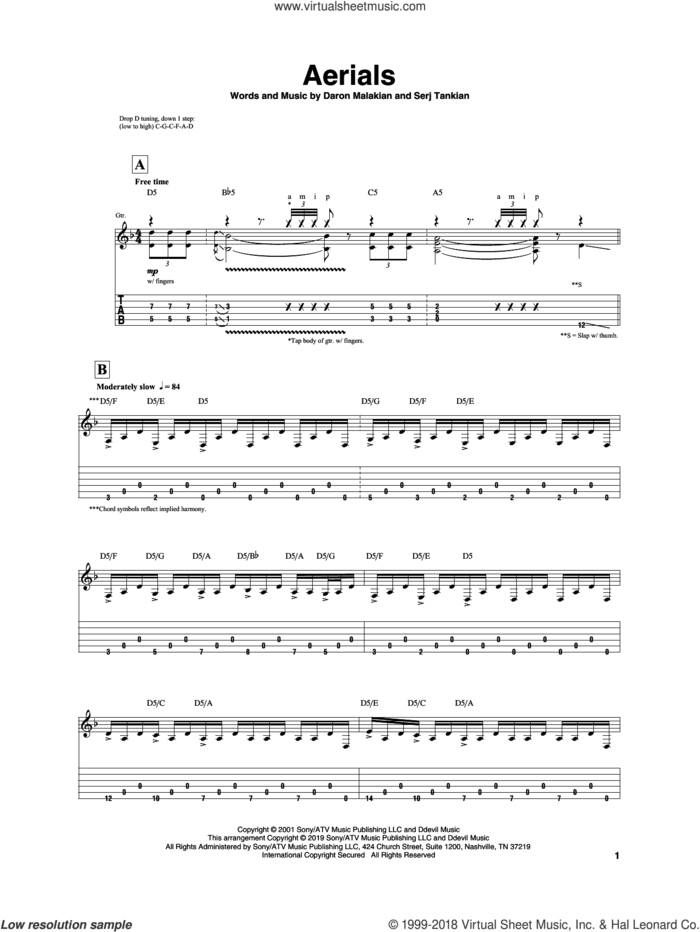 Aerials sheet music for guitar (tablature) by Igor Presnyakov, System Of A Down, Daron Malakian and Serj Tankian, intermediate skill level