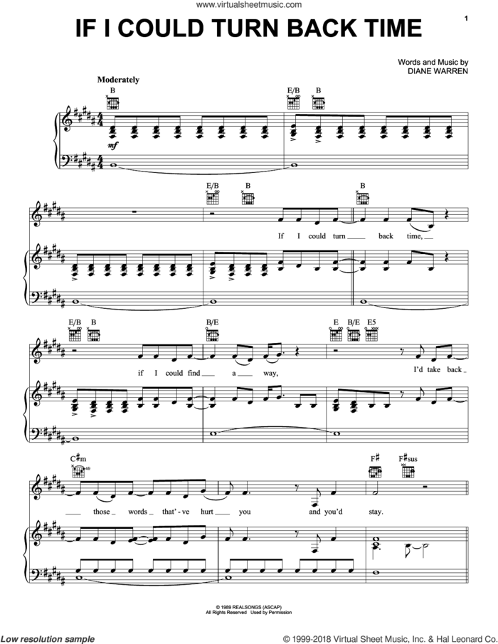 If I Could Turn Back Time sheet music for voice, piano or guitar by Cher and Diane Warren, intermediate skill level