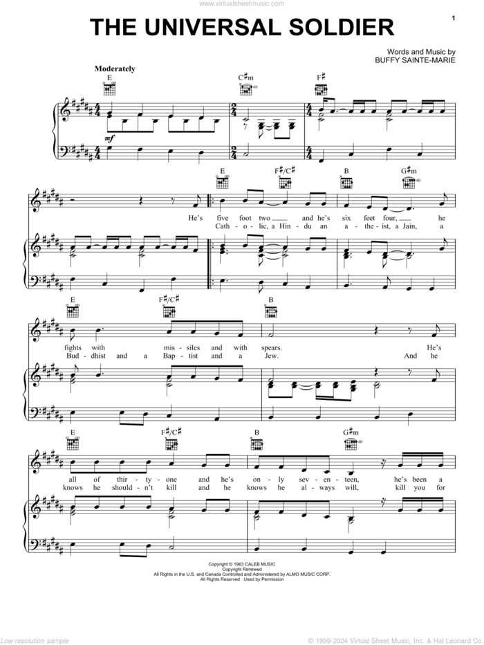 The Universal Soldier sheet music for voice, piano or guitar by Buffy Sainte-Marie and Walter Donovan, intermediate skill level