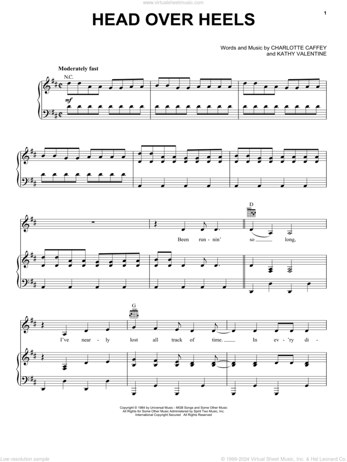 Head Over Heels sheet music for voice, piano or guitar by The Go-Go's, Charlotte Caffey and Kathy Valentine, intermediate skill level