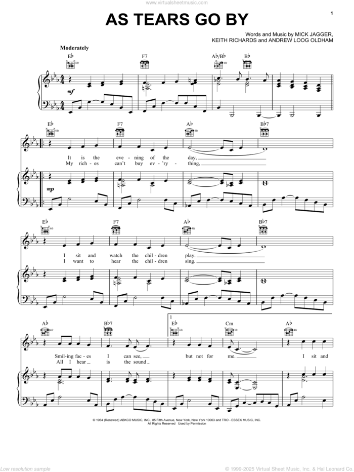 As Tears Go By sheet music for voice, piano or guitar by Marianne Faithfull, The Rolling Stones, Andrew Loog Oldham, Keith Richard and Mick Jagger, intermediate skill level