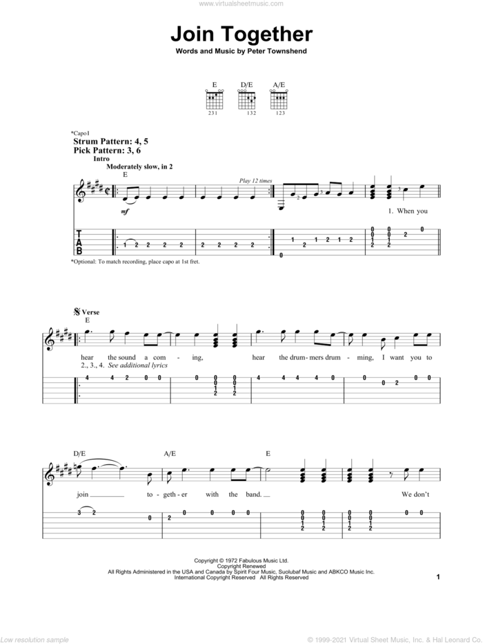 Join Together sheet music for guitar solo (easy tablature) by The Who and Pete Townshend, easy guitar (easy tablature)