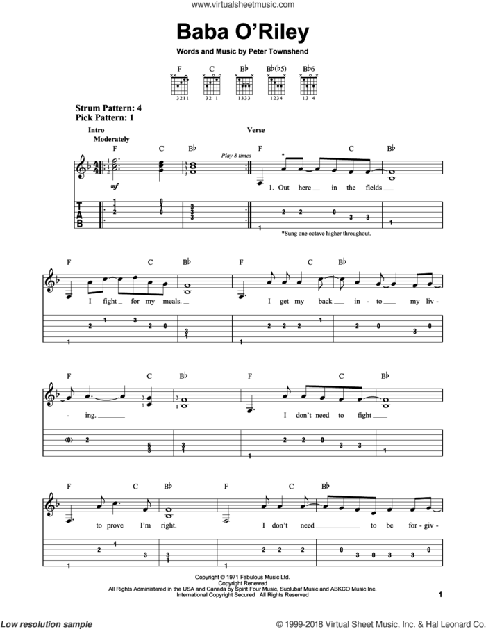 Baba O'Riley sheet music for guitar solo (easy tablature) by The Who and Pete Townshend, easy guitar (easy tablature)