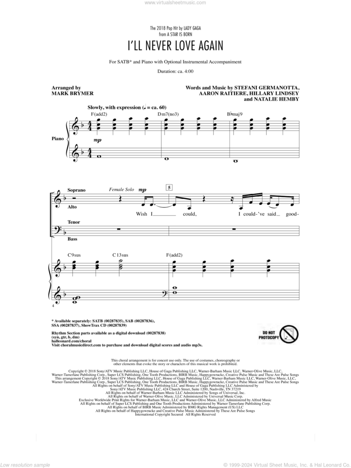 I'll Never Love Again (from A Star Is Born) (arr. Mark Brymer) sheet music for choir (SATB: soprano, alto, tenor, bass) by Lady Gaga, Mark Brymer, Aaron Raitiere, Hillary Lindsey and Natalie Hemby, intermediate skill level