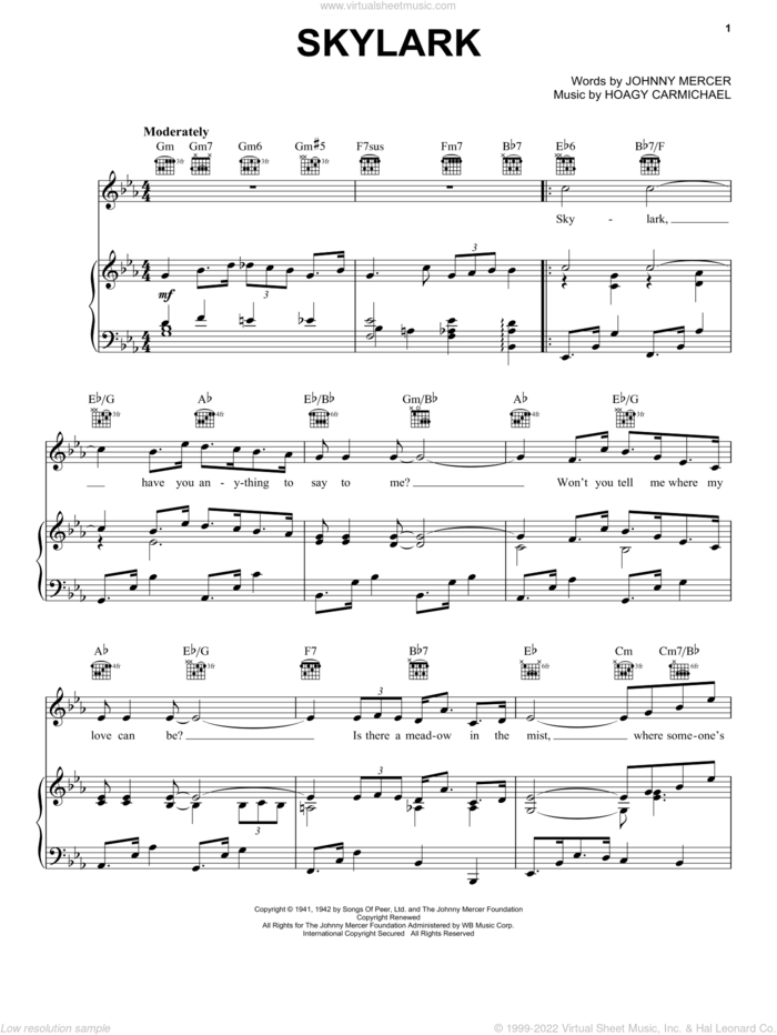 Skylark sheet music for voice, piano or guitar by Johnny Mercer and Hoagy Carmichael, intermediate skill level