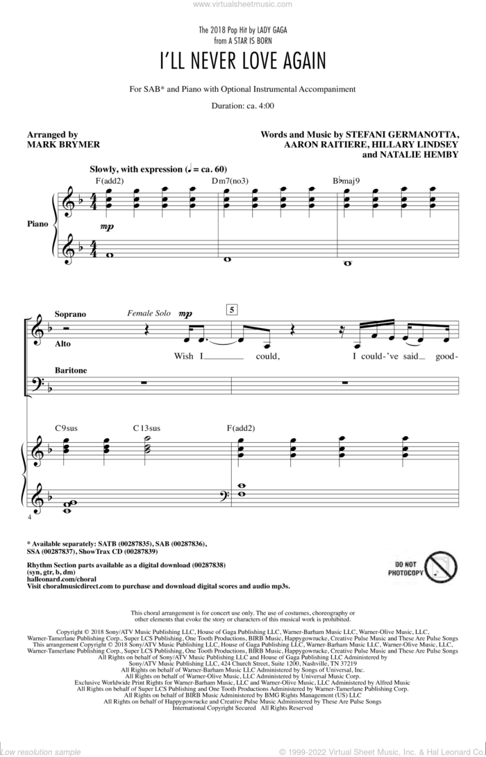 I'll Never Love Again (from A Star Is Born) (arr. Mark Brymer) sheet music for choir (SAB: soprano, alto, bass) by Lady Gaga, Mark Brymer, Aaron Raitiere, Hillary Lindsey and Natalie Hemby, intermediate skill level