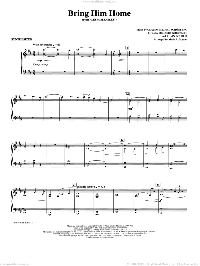 Bring Him Home (from Les Miserables) (arr. Mark Brymer) sheet music for orchestra/band (synthesizer) by Boublil & Schonberg, Mark Brymer, Alain Boublil, Claude-Michel Schonberg and Herbert Kretzmer, intermediate skill level