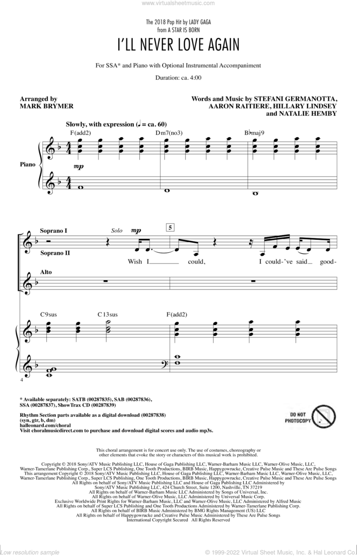 I'll Never Love Again (from A Star Is Born) (arr. Mark Brymer) sheet music for choir (SSA: soprano, alto) by Lady Gaga, Mark Brymer, Aaron Raitiere, Hillary Lindsey and Natalie Hemby, intermediate skill level