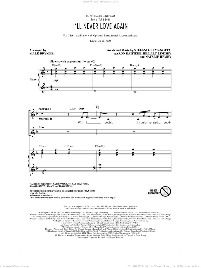 I'll Never Love Again (from A Star Is Born) (arr. Mark Brymer) sheet music for choir (SSA: soprano, alto) by Lady Gaga, Mark Brymer, Aaron Raitiere, Hillary Lindsey and Natalie Hemby, intermediate skill level