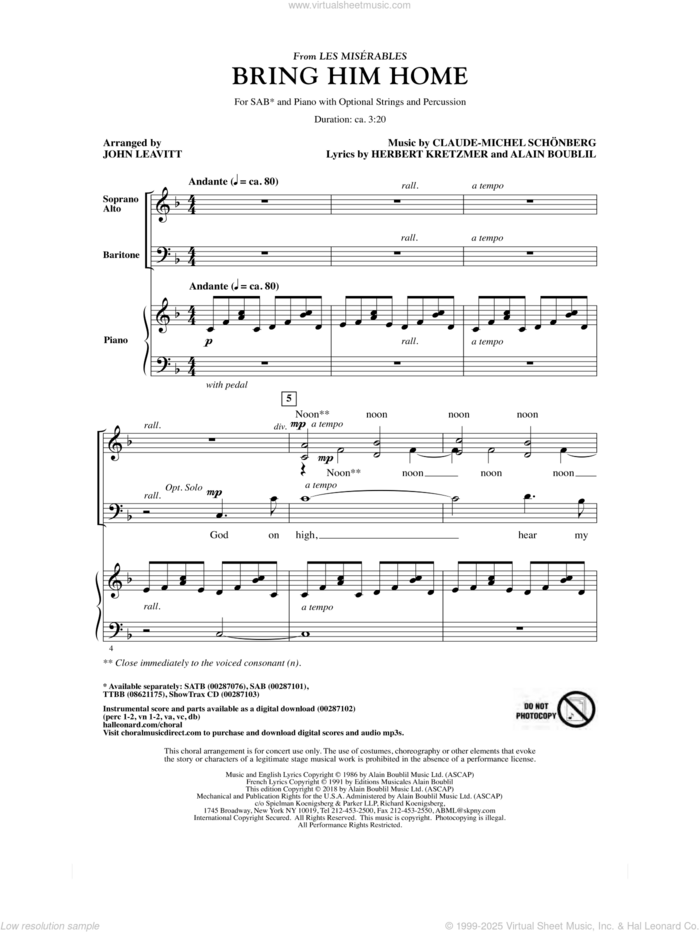 Bring Him Home (from Les Miserables) (arr. John Leavitt) sheet music for choir (SAB: soprano, alto, bass) by Boublil & Schonberg, John Leavitt, Alain Boublil, Claude-Michel Schonberg and Herbert Kretzmer, intermediate skill level