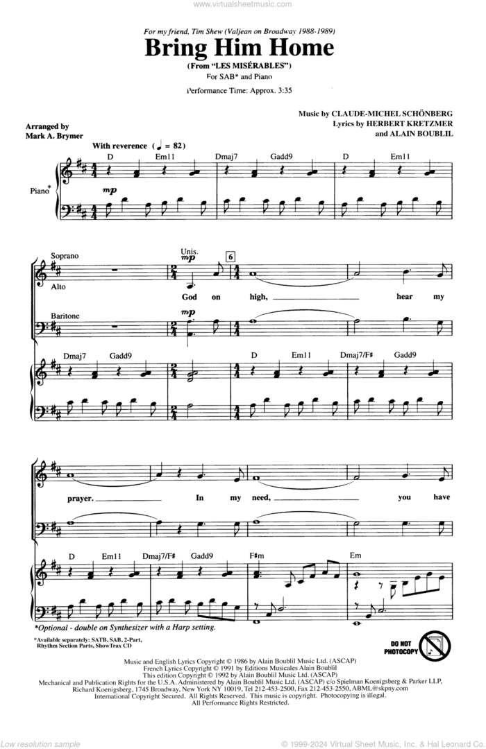 Bring Him Home (from Les Miserables) (arr. Mark Brymer) sheet music for choir (SAB: soprano, alto, bass) by Boublil & Schonberg, Mark Brymer, Claude-Michel Schonberg, Alain Boublil and Herbert Kretzmer, intermediate skill level