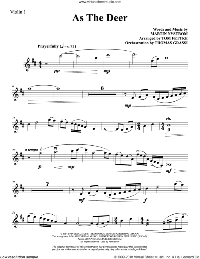 As the Deer (arr. Tom Fettke) sheet music for orchestra/band (violin 1) by Martin Nystrom and Tom Fettke, intermediate skill level