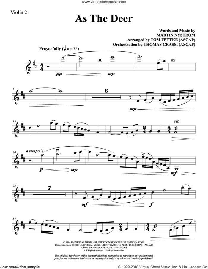 As the Deer (arr. Tom Fettke) sheet music for orchestra/band (violin 2) by Martin Nystrom and Tom Fettke, intermediate skill level