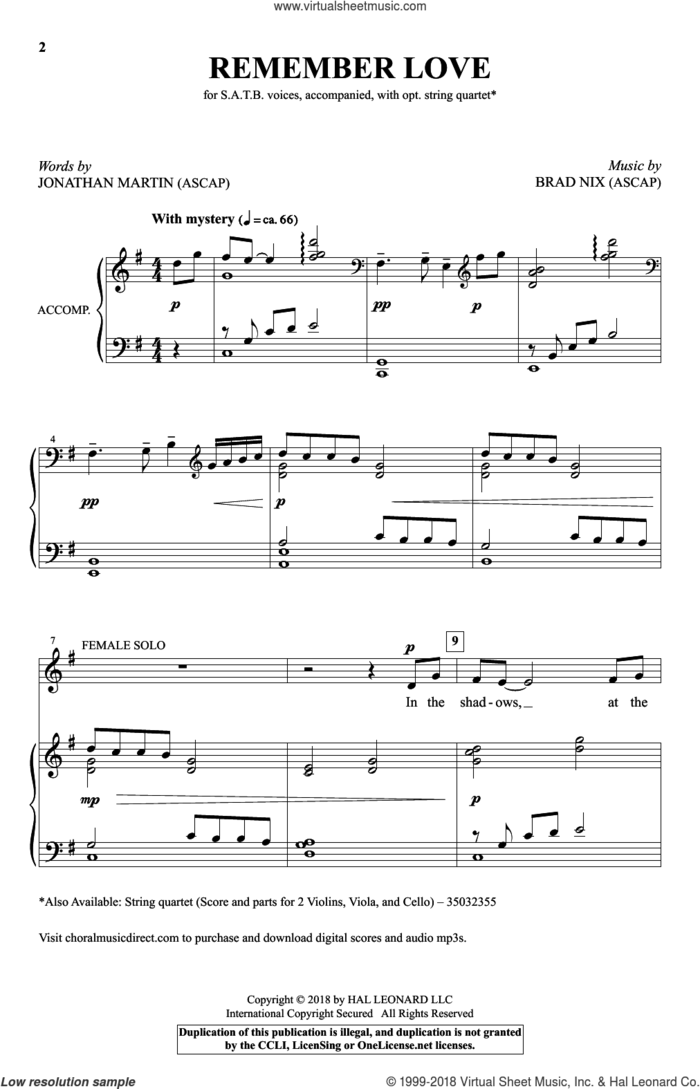 Remember Love sheet music for choir (SATB: soprano, alto, tenor, bass) by Brad Nix and Jonathan Martin, intermediate skill level