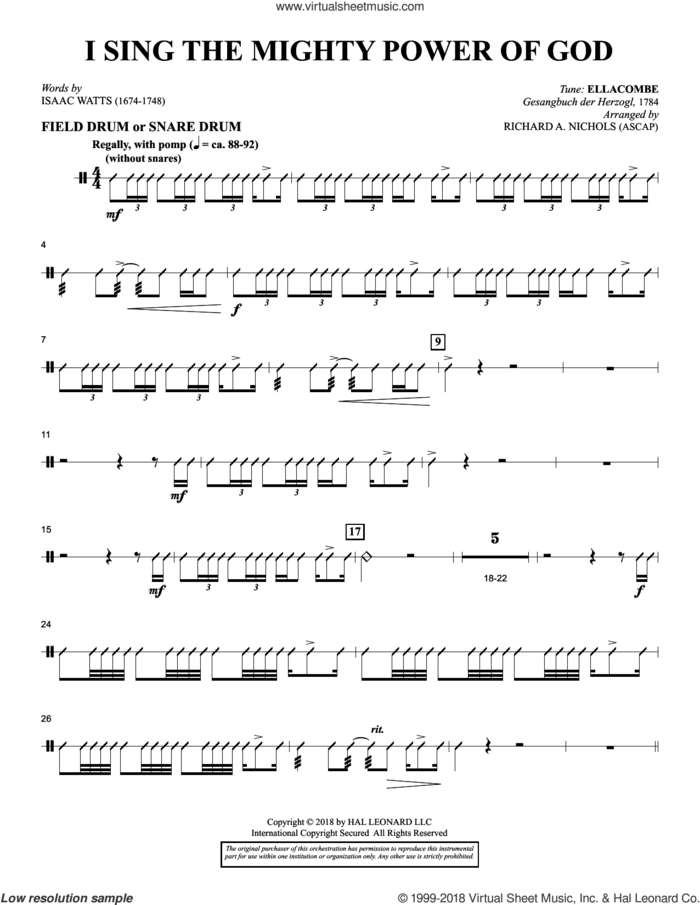 I Sing the Mighty Power of God (arr. Richard Nichols) sheet music for orchestra/band (snare drum/field drum) by Isaac Watts and Richard A. Nichols, intermediate skill level