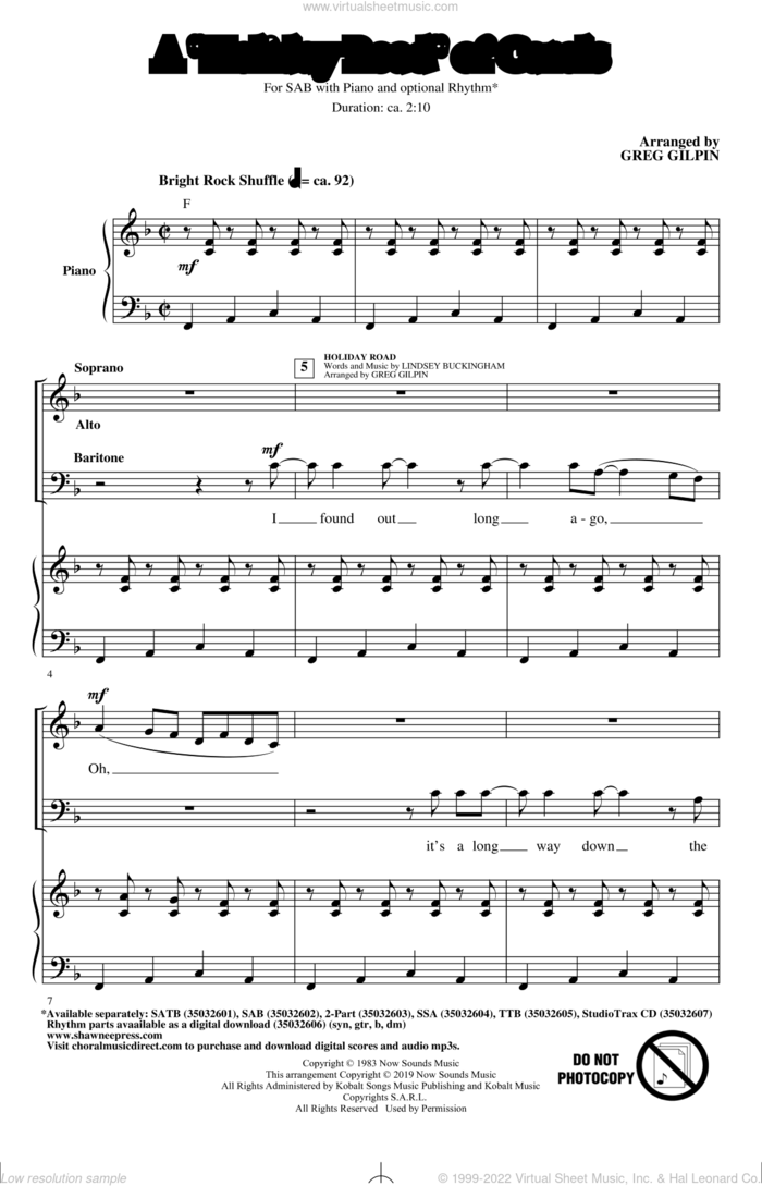 A Holiday Road Of Carols (arr. Greg Gilpin) sheet music for choir (SAB: soprano, alto, bass) by Lindsey Buckingham and Greg Gilpin, intermediate skill level