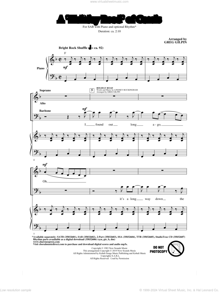 A Holiday Road Of Carols (arr. Greg Gilpin) sheet music for choir (SAB: soprano, alto, bass) by Lindsey Buckingham and Greg Gilpin, intermediate skill level