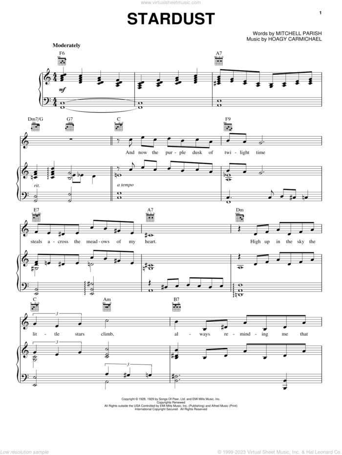 Stardust sheet music for voice, piano or guitar by Frank Sinatra, Willie Nelson, Hoagy Carmichael and Mitchell Parish, intermediate skill level