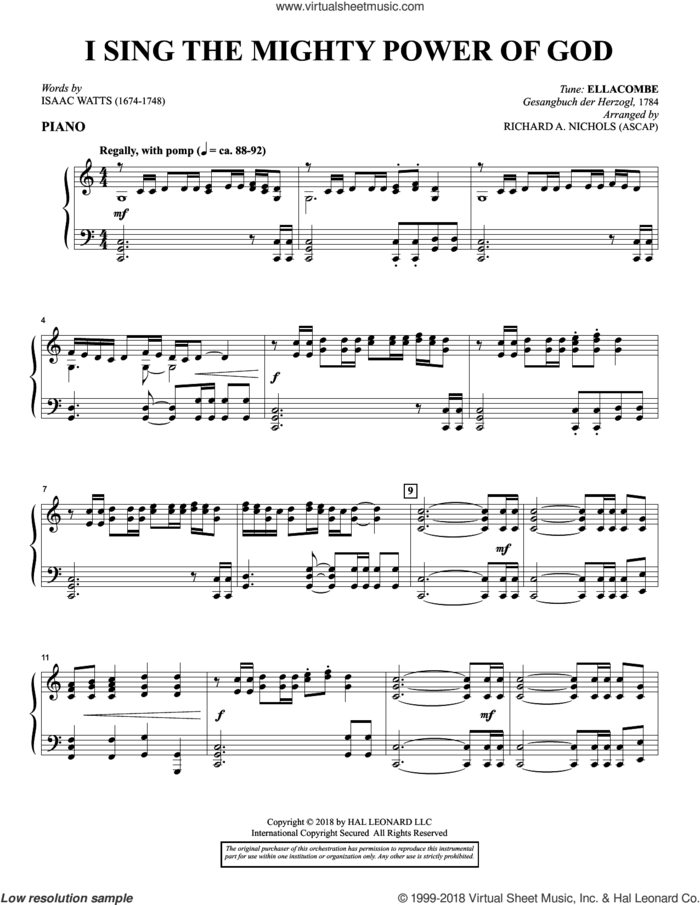 I Sing the Mighty Power of God (arr. Richard Nichols) sheet music for orchestra/band (piano) by Isaac Watts and Richard A. Nichols, intermediate skill level