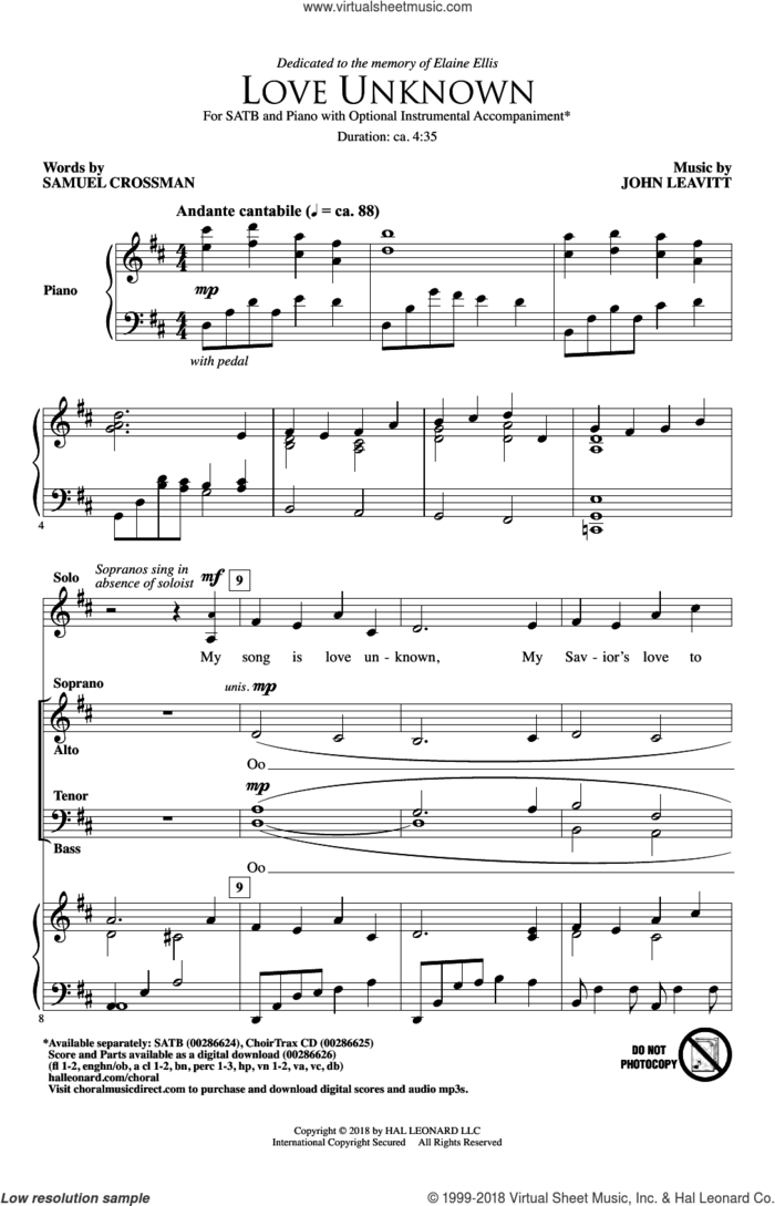 Love Unknown sheet music for choir (SATB: soprano, alto, tenor, bass) by John Leavitt and Samuel Crossman, intermediate skill level