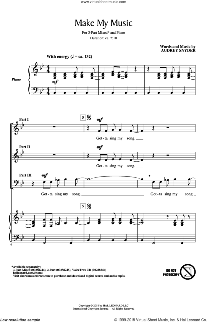 Make My Music sheet music for choir (3-Part Mixed) by Audrey Snyder, intermediate skill level