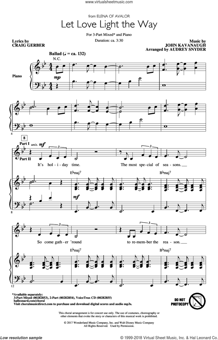 Let Love Light The Way (from Elena Of Avalor) (arr. Audrey Snyder) sheet music for choir (3-Part Mixed) by John Kavanaugh, Audrey Snyder and Craig Gerber, intermediate skill level