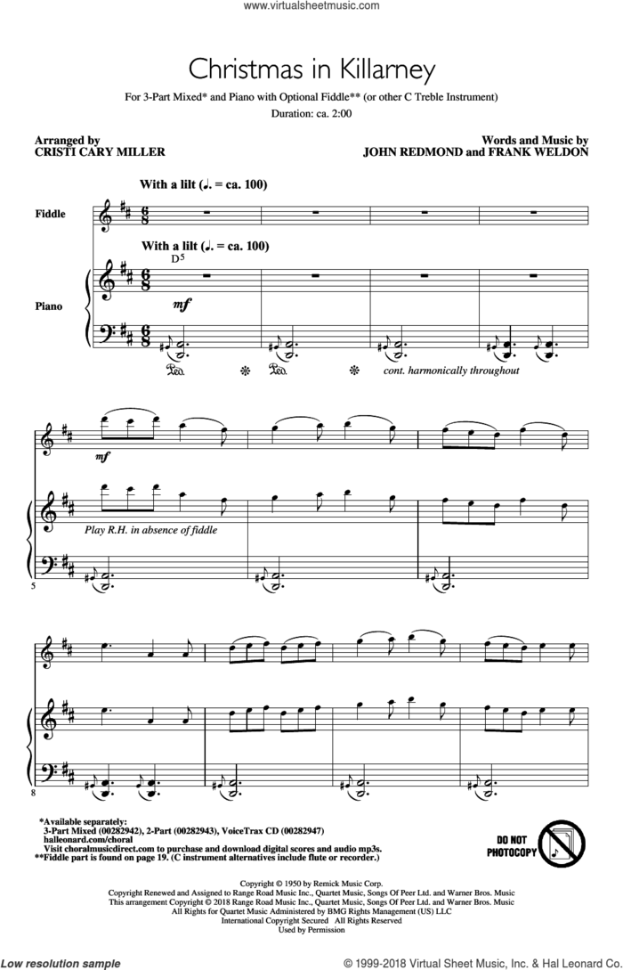 Christmas In Killarney (arr. Cristi Cary Miller) sheet music for choir (3-Part Mixed) by John Redmond & Frank Weldon, Cristi Cary Miller, Frank Weldon and John Redmond, intermediate skill level