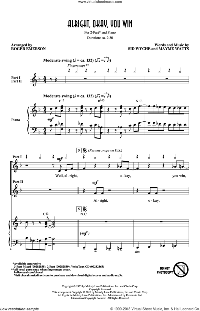 Alright, Okay, You Win (arr. Roger Emerson) sheet music for choir (2-Part) by Sid Wyche, Roger Emerson, Peggy Lee and Mayme Watts, intermediate duet