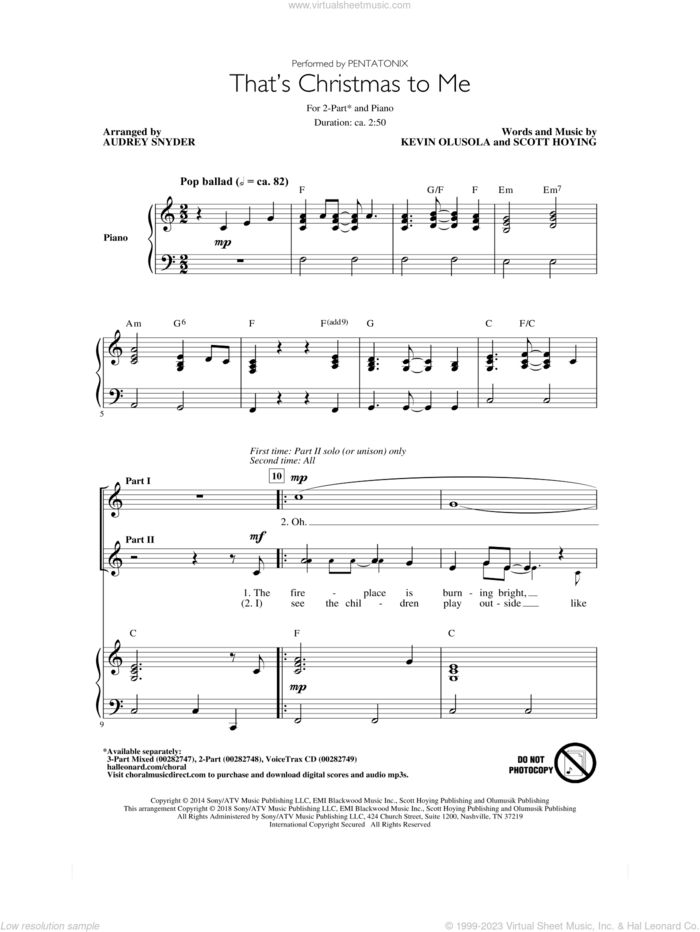 That's Christmas To Me (arr. Audrey Snyder) sheet music for choir (2-Part) by Pentatonix, Audrey Snyder, Kevin Olusola and Scott Hoying, intermediate duet