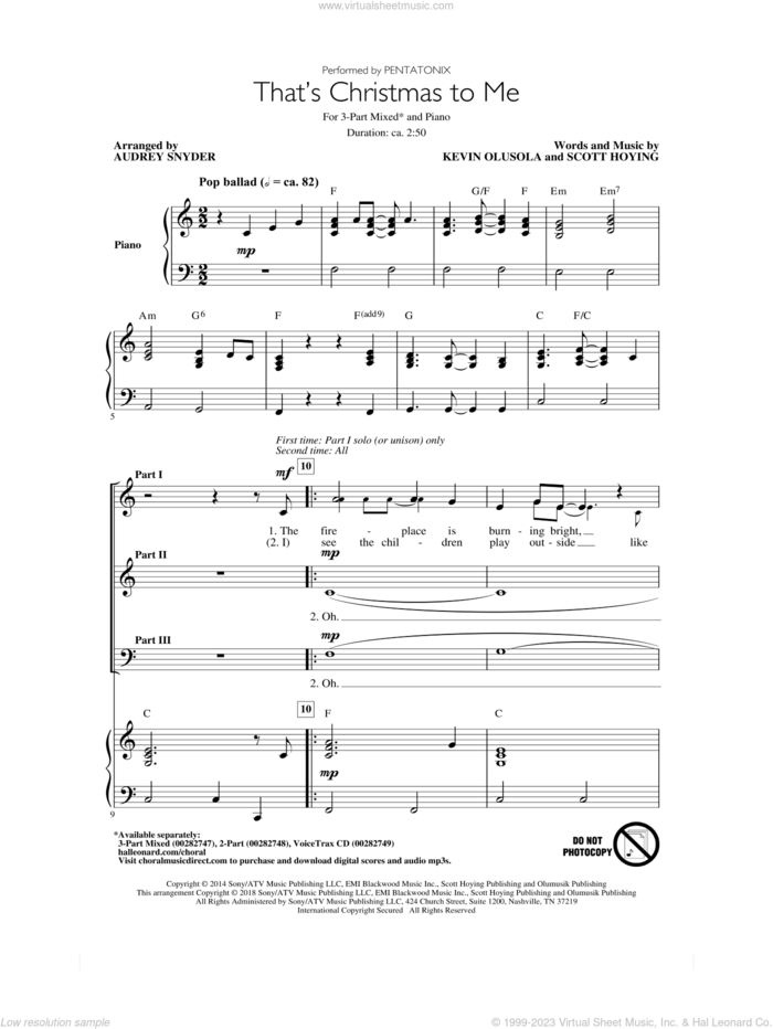 That's Christmas To Me (arr. Audrey Snyder) sheet music for choir (3-Part Mixed) by Pentatonix, Audrey Snyder, Kevin Olusola and Scott Hoying, intermediate skill level