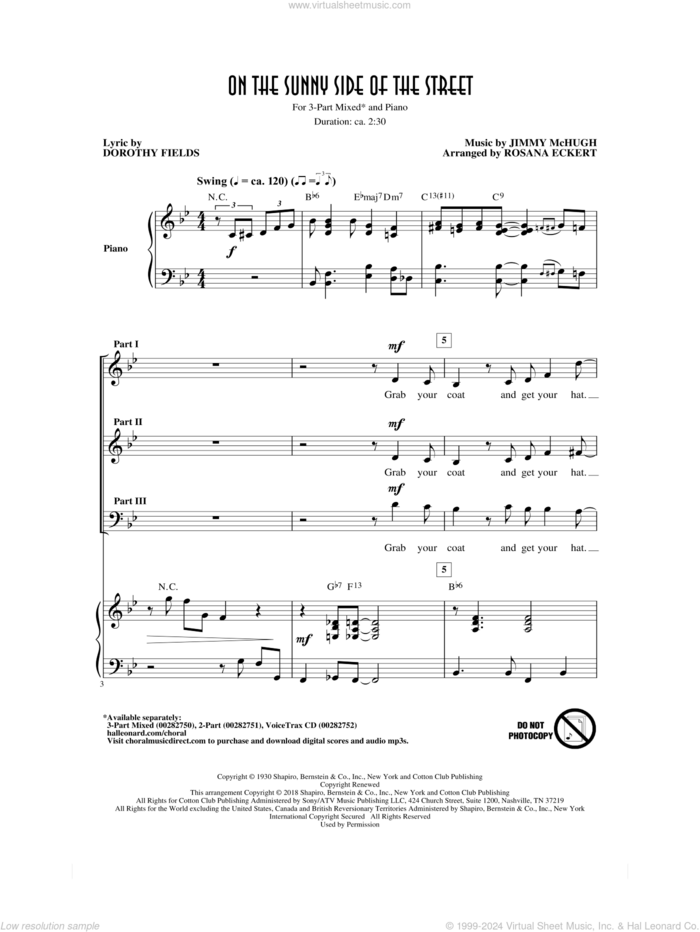 On The Sunny Side Of The Street (arr. Rosana Eckert) sheet music for choir (3-Part Mixed) by Dorothy Fields, Rosana Eckert and Jimmy McHugh, intermediate skill level